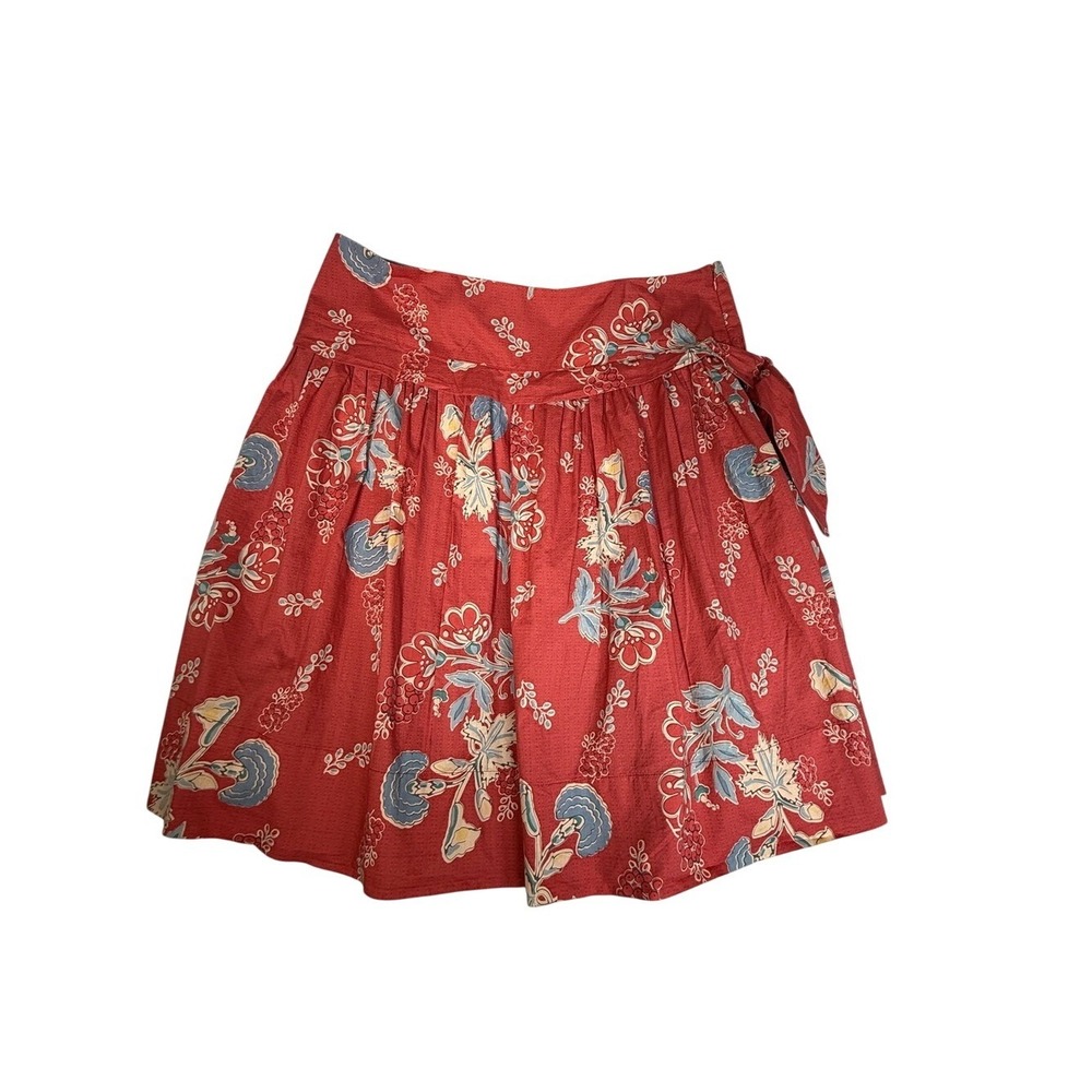 Garnet Hill Red Floral Cotton Mini Skirt Side Tie Size 16 High Waist Lined